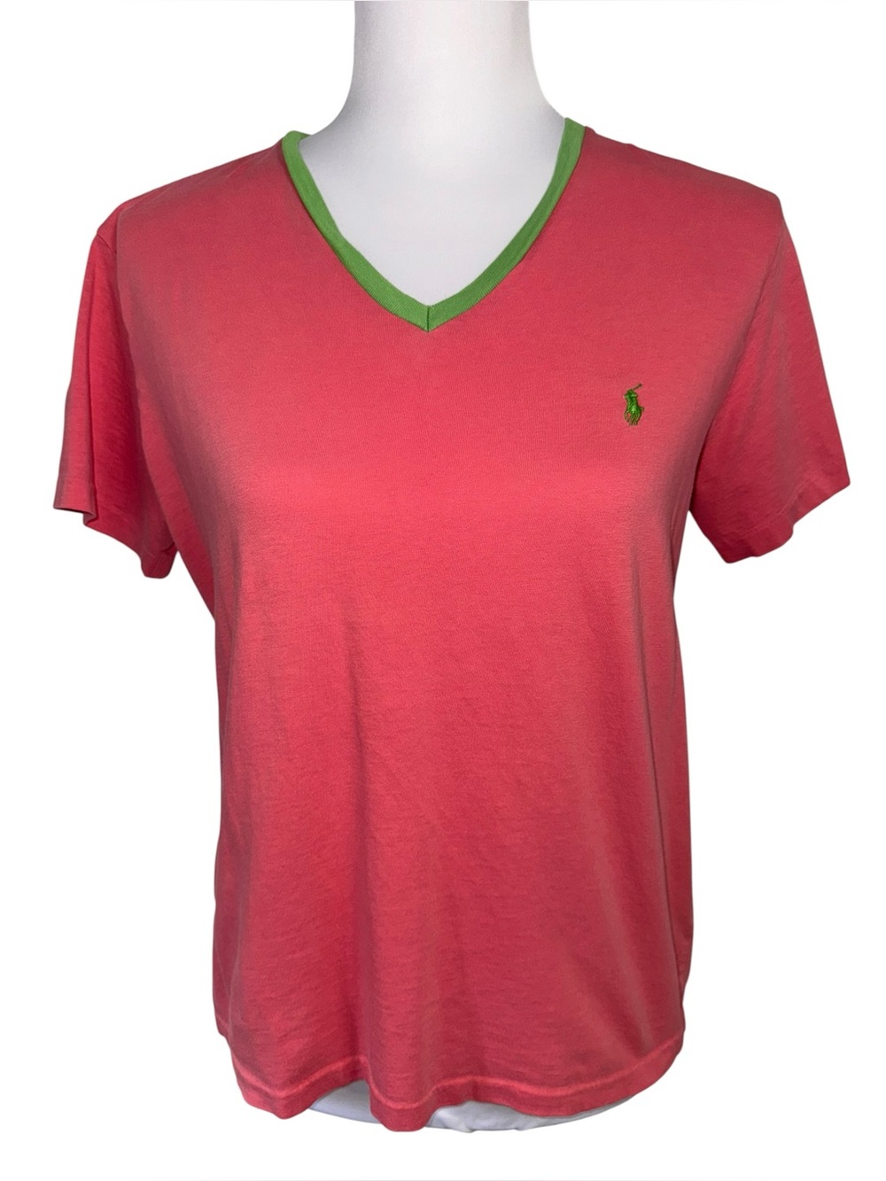 Ralph Lauren Sport Pink Green V Neck T Shirt Pony Logo 100% Cotton Women’s L‎